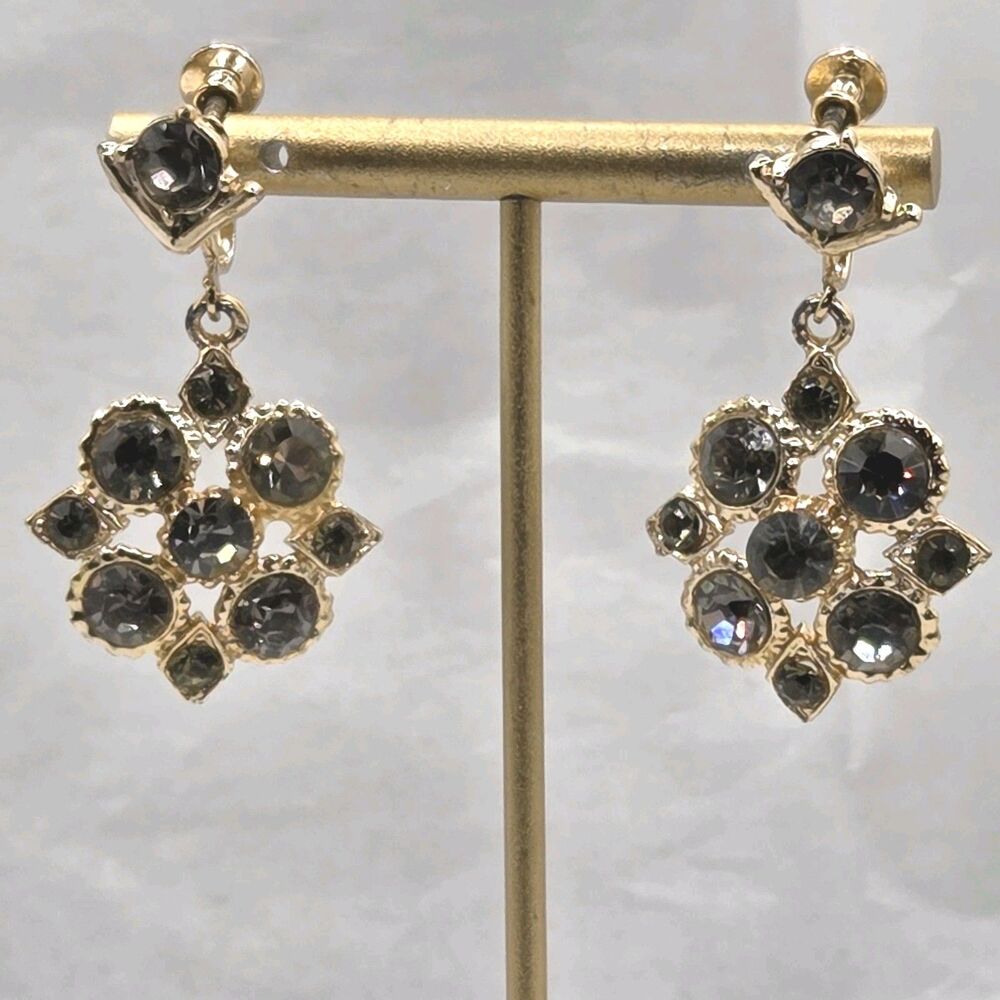 Smokey Gray Green Rhinestone Dangle Earrings Gold Tone Screw Back